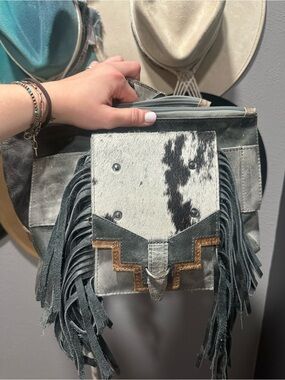 Fringed Cowhide Accent Crossbody Bag in Gray and White